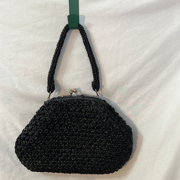 Vintage Elegant Black Straw Celephane Woven Handbag 1950s Made in Japan - Picture 4 of 5